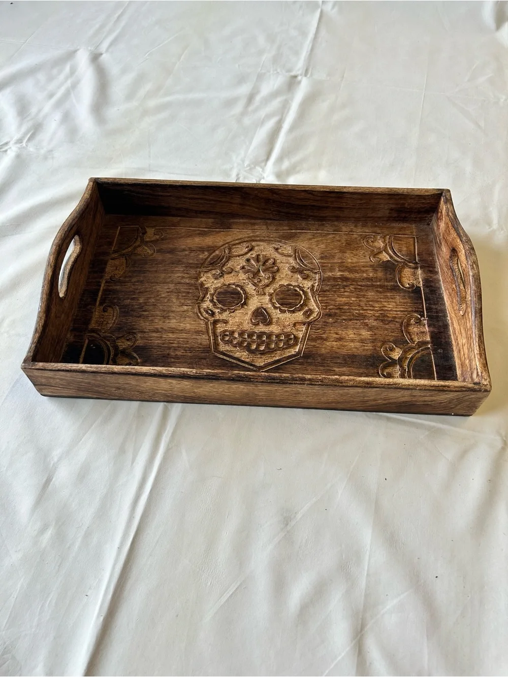 Handcrafted Brown Wooden Vanity Tray with Carved Skull Accent
